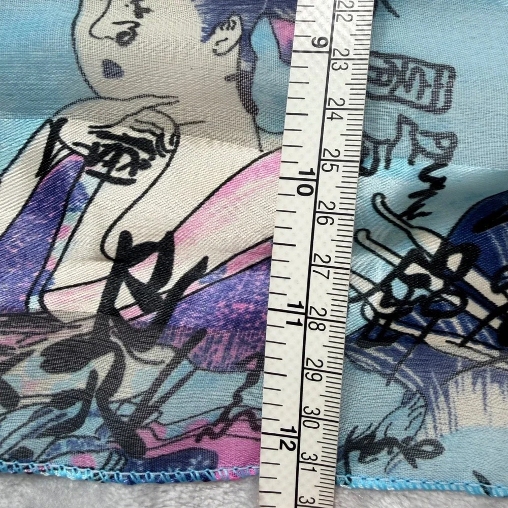 Space Age Blue Geisha Japanese Calligraphy Sheer Rectangle Scarf Made in Korea